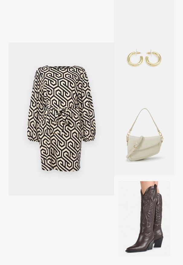 Haljina s geometrijskim uzorkom u crnoj i krem boji, s dugim napuhanim rukavima, kvadratnim izrezom i vezanim pojasom u struku. Teksturirana tkanina.; Smeđe kožne kauboj čizme s šiljastim vrhom i blok-potpeticom, s detaljno izvezenim šavovima i uzdignutim naglascima na okovu.; Mala krem torbica s teksturiranim finišom, dugačkim podesivim remenom, lančanim detaljem i preklopom. Zlaćani hardver.; Zlatne kružne naušnice s glatkom, sjajnom završnom obradom. Kružni dizajn s malom potporom i prozirnom podlogom za sigurno nošenje.
