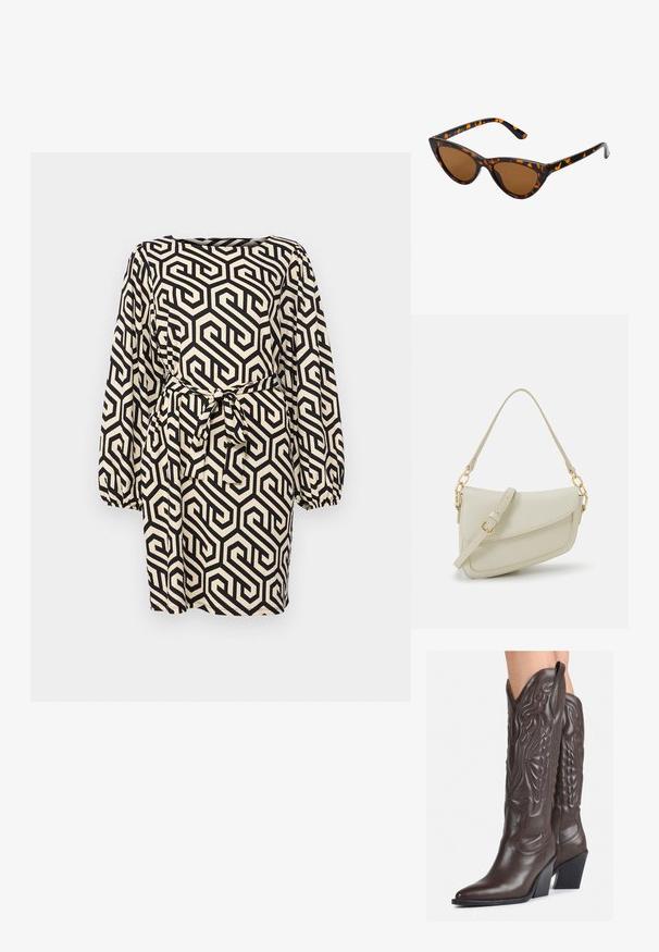 Čierne a krémové šaty s geometrickým vzorom, dlhými balónovými rukávmi, štvorcovým výstrihom a opaskom na viazanie v páse. Textúrovaná tkanina.; Hnedé kožené kovbojské topánky s špicatou špičkou a blokovým podrážkou, so zložitým prešívaním a vyvýšenými akcentmi na puzdre.; Mačacie slnečné okuliare s čiernym a oranžovým želvovinovým rámom, hnedými sklami a elegantnými, špicatými koncami. Obsahujú minimalistické logo na spánku.; Malá krémová kabelka s textúrovaným povrchom, dlhým nastaviteľným popruhom, reťazovým detailom a klopovým uzáverom. Zlaté kovové prvky.