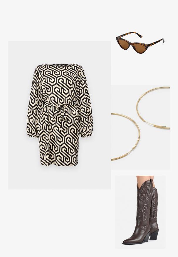 Čierne a krémové šaty s geometrickým vzorom, dlhými balónovými rukávmi, štvorcovým výstrihom a opaskom na viazanie v páse. Textúrovaná tkanina.; Hnedé kožené kovbojské topánky s špicatou špičkou a blokovým podrážkou, so zložitým prešívaním a vyvýšenými akcentmi na puzdre.; Mačacie slnečné okuliare s čiernym a oranžovým želvovinovým rámom, hnedými sklami a elegantnými, špicatými koncami. Obsahujú minimalistické logo na spánku.; Zlaté kruhové náušnice, tenké a okrúhleho tvaru, s hladkým kovovým povrchom a bez ozdôb alebo vzorov.