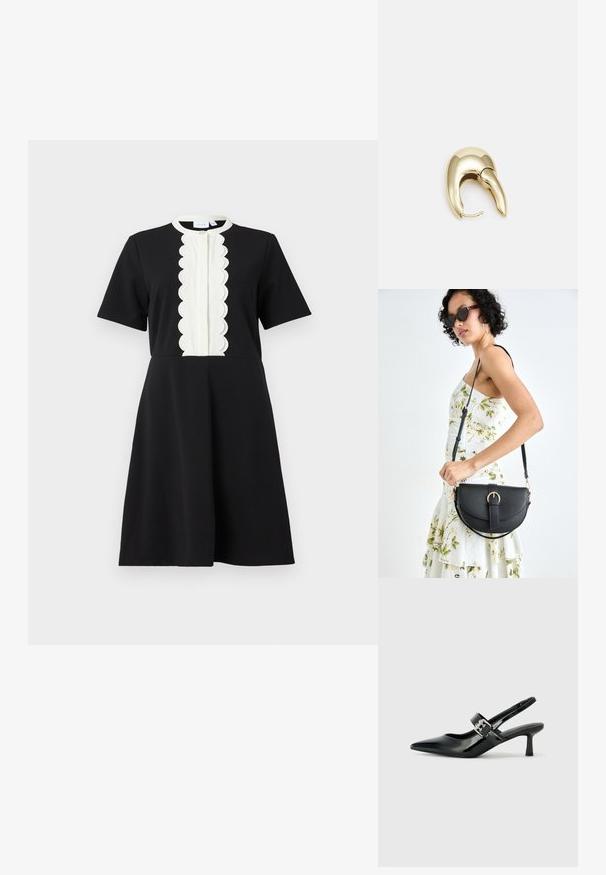 Svart kjole med korte ermer, med et teksturert hvitt scallop-panel nedover fronten og en avrundet krage. Glatt stoff, A-formet fasong.; Svarte patent lær slingback hæler med spiss tå og en liten blokkheel, med en sølvspenne som detalj på stroppen.; Svart lærveske med en buet form, avtagbar stropp og gullbeslag. Vesken har et klaff med spenne-detall.; Gullfarget metalløredobber med et elegant, buet design. Har en karakteristisk spiss form, polert overflate og hengsel-lukking.
