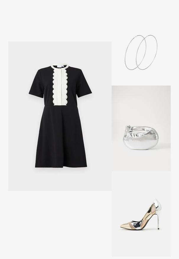 Črna obleka s kratkimi rokavi, ki ima strukturiran bel valovit panel spredaj in okroglo ovratnico. Gladek material, A-linijska oblika.; Čevlji z visoko peto in konico, v barvni kombinaciji srebrne, zlate in nude. Sijajna obdelava z izrezljanim dizajnom, z igličasto peto.; Srebrna kovinska torbica z mehko, zaobljeno obliko in zavezano zgornjo zaporo. Narejena iz gladkega umetnega usnja.; Srebrne uhane v obliki obroča z minimalističnim dizajnom. Krožna oblika, gladka tekstura in tanek profil. Lahki s poliranim zaključkom.