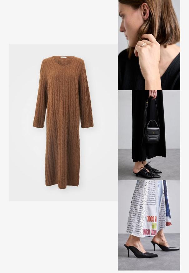 Hosszú, barna, kötött ruha kábelmintákkal, környakú, hosszú ujjú. Az anyag lágy és texturált, térd alattig ér.; Fekete bőr mules cipő hegyes orral és stiletto sarokkal, fehér mintás ruhadarabbal párosítva, amely fűzős részletekkel rendelkezik.; Kis fekete bőrtáska kerekded formával, felső fogantyúval és levehető pánttal. Fekete szövetruhával és fekete redőzött cipőkkel viselve.; Arany gyűrű, amelyen több kis fehér gyöngy található, egy természetes bőrszínű kézen viselve. A háttérben egy texturált fekete felső látható.