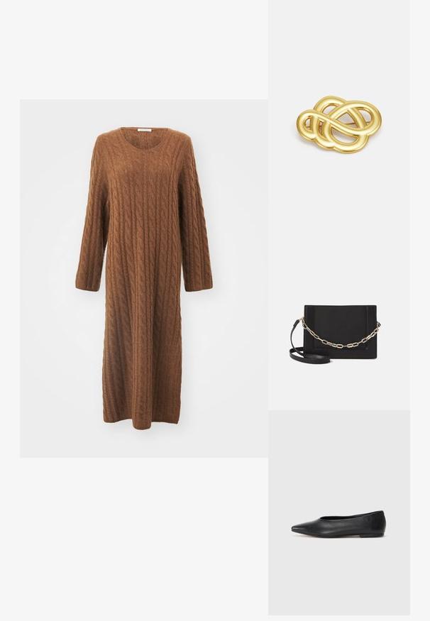 Dolga, rjava pletena obleka z vzorcem kablov, okroglim izrezom in dolgimi rokavi. Tkanina se zdi mehka in teksturirana, sega do sredine meč.; Črne usnjene balerinke, koničast toe, minimalističen dizajn, gladka tekstura, nizka peta, brez vidnih kovinskih delov ali okraskov.; Črna usnjena torba čez ramo z gladko teksturo, pravokotno obliko in kovinskim verižnim detajlom spredaj. Vključena je nastavljiva naramnica.; Broška z zlatim odtenkom, ki se ponaša s zankastim dizajnom, gladkimi, ukrivljenimi linijami in zapleteno obliko, ki odseva poliran zaključek.