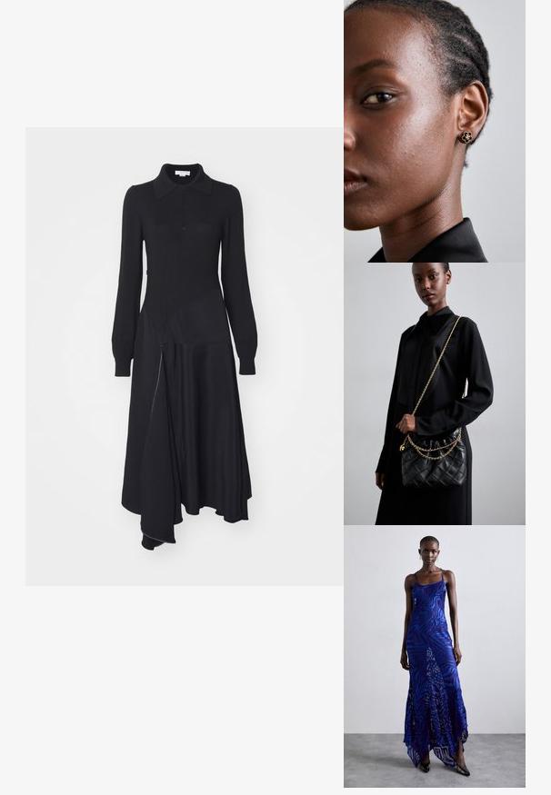 Juoda suknelė su ilgomis rankovėmis, apykakle, mygtukų priekyje. Medžiagos mišinys tarp tekstūruoto trikotažo ir lygaus audinio, asimetrinė apatinė dalis ir sidabrinis užtrauktukas.; Mėlynas ir purpurinis gyvūnų rašto ilgas suknelė su plonomis petnešomis, prigludusia krūtinės dalimi, plačiu apvadu ir permatomais akcentais.; Juodas susegamas odinis rankinukas su susiraukšlėjusia viršuje, auksine grandine ir stačiakampiu pavidalu, laikomas prieš paprastą foną.; Auksiniai gėlių auskarai turi tekstūruotą juodą centrą ir subtilius detalius. Modelio švari oda ir pintos plaukai matomi profilyje.