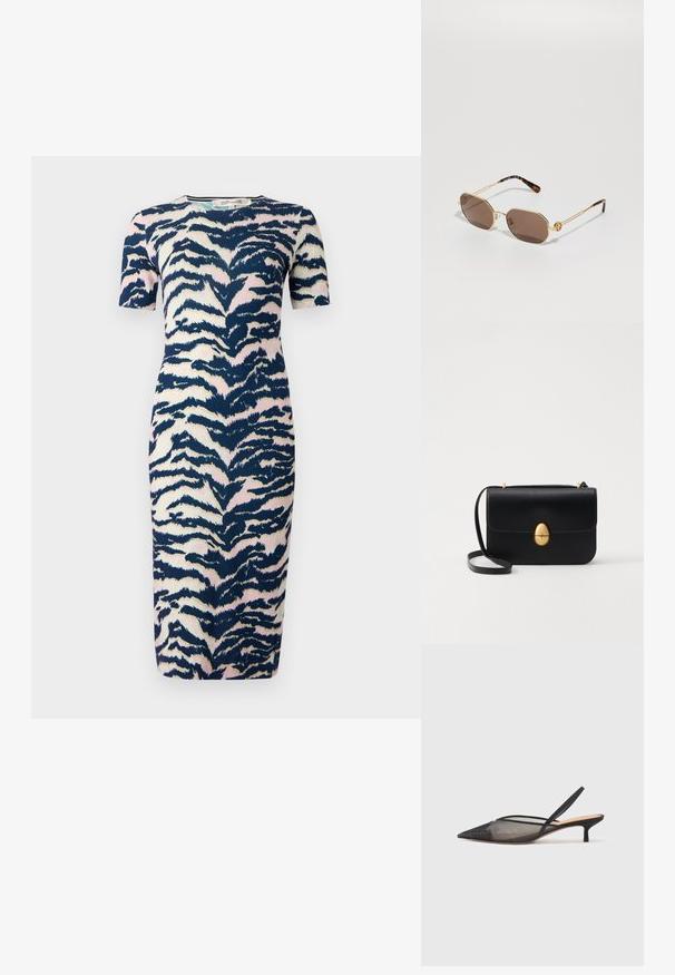 Šaty ke kolenům v přiléhavém střihu, s potiskem zvířecího vzoru v námořnické modré, růžové a krémové barvě; krátké rukávy a kulatý výstřih.; NEOUS IRENA - Klasické lodičky - black; Tory Burch Sluneční brýle - shiny gold-coloured; Černá kožená kabelka se strukturovaným obdélníkovým tvarem. Obsahuje zlatou oválnou sponu a tenký ramenní popruh. Hladký povrch.