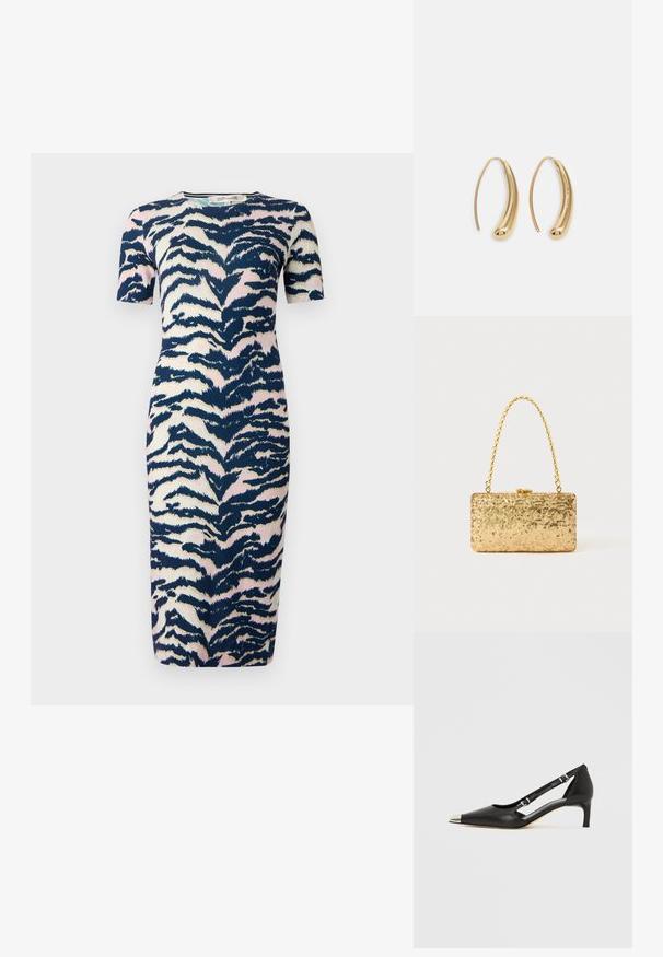 Haljina do koljena s prilagođenim dizajnom, koja sadrži uzorak životinjskog printa u tamnoplavoj, ružičastoj i krem boji; kratki rukavi i okrugli izrez.; Crni kožni kitten heel s nazubljenim srebrnim vrhom i dvostrukim remenčićima na bijeloj pozadini.; Zlatna šljokasta torbica u pravokutnom obliku, s uvrnutom lancem kao drškom i metalnim kopčanjem, koja odražava svjetlost s teksturiranim završetkom.; Zlatne metalne naušnice u obliku obruča s zakrivljenim, izduženim oblikom. Imaju glatku, sjajnu površinu i zaobljeni vrh za dodatni detalj.