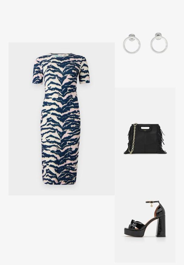 Knee-length kleit kitsas kujunduses, millel on tumesinine, roosa ja kreemjas loomamuster; lühikesed varrukad ja ümmargune kaelus.; Maje Kõrge kontsaga sandaalid - noir; Musta nahk käekott, millel on frantsiisid, kuldne ahelsanga ja lõigatud käepide. Esiosas on logot.; Hõbedased metallist rõngastooted, millel on harjatud tekstuur, ümmargune disain ja selge tagumine post, tagamaks kindlat kandmist.
