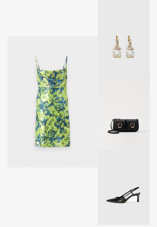 Versace Jeans Couture Koktélruha / Partiruha - kiwi; Fekete lakk slingback sarok, hegyes orral, texturált kígyómintával, állítható pánttal és rövid, texturált tömbsarkal.; Fekete bőr keresztbody táska két elülső zsebbel, arany csattokkal, cipzáras záródással és vékony pánttal. Textúrált felület és kompakt téglalap alak.; Aranyszínű fülbevalók, melyek egy téglalap alakú, tiszta kristállyal díszítették, ami egy sor kis, kerek, tiszta kiegészítő alatt lóg. Letisztult, modern dizájn.