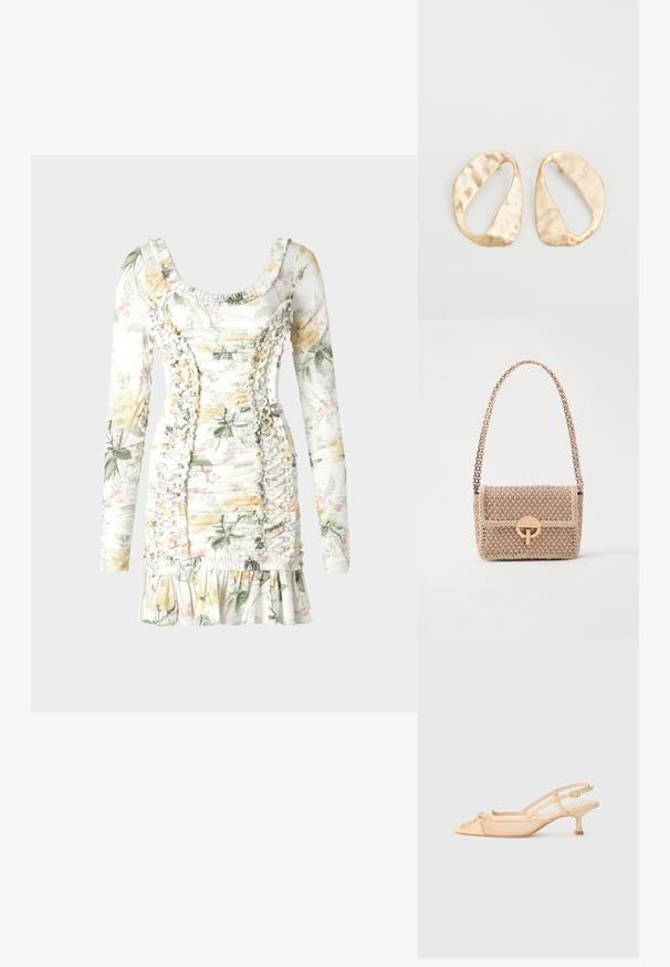 Rochie mini florală albă cu modele galbene și roz. Are mânici lungi, o siluetă ajustată și detalii pliate pe laterale.; Stuart Weitzman KITTY - Pantofi clasici cu toc - beige/barely beige; Vanessa Bruno MOON - Geantă crossbody - beige/ivoire; O pereche de cercei din metal de culoare aurie, cu formă ovală neregulată, având o suprafață texturată, ușor ciocănită, pe un fundal alb.