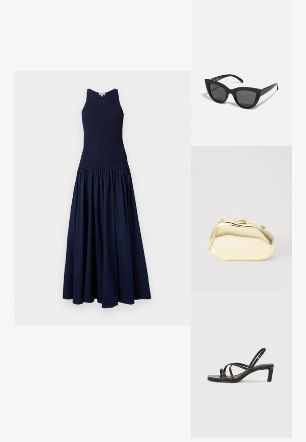 Sötétkék ruha, testhezálló bordás dekoltázsral és összegyűrt, vállaló szoknyával. Simább anyagból készült, matt fényű.; Fekete pántos szandál négyzetes orral és alacsony blokk sarkal. Több vékony pánttal és állítható boka pánttal rendelkezik. Sima bőrből készült.; Fekete macskaszem napszemüveg matt felülettel, szürke árnyalatú lencsékkel, éles vonalakkal és karcsú oldalsó karokkal. A márkaneve látható a belső karon.; Fémes arany színű kistáska sima, lekerekített formával, tetején gombos záródással és kis láncfogóval a hordozáshoz.