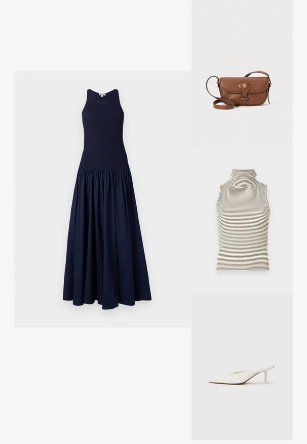 Tummansininen mekko, jossa on tiukasti istuva ribbikangas ja rypistetty, runsas hame. Valmistettu sileästä kankaasta, jossa on matta pinta.; Hihaton poolopaita, jossa on pystysuorat mustat ja valkoiset raidat, valmistettu teksturoidusta neulekankaasta, ja siinä on korkea, tiukka kaulus.; Valkoiset, teräväkärkiset muulit matalalla stiletto-korolla. Valmistettu sileästä materiaalista, minimalistisella muotoilulla ja hienovaraisella ruskealla pohjadossilla.; Ruskea nahkainen olkalaukku, jossa on kaareva kansi, kultaiset yksityiskohdat ja koristeellinen logo. Hihna on säädettävä ja siinä on sileä pinta.