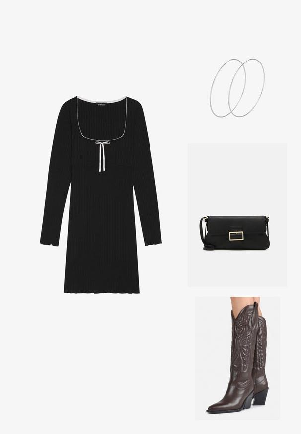 Schwarzes, geripptes langärmeliges Kleid mit quadratischem Ausschnitt, weißen Kordelzugdetails und gewellten Bündchen an den Ärmeln und am Saum.; Braune Leder-Cowboy-Stiefel mit spitzem Punkt und Blockabsatz, die über detaillierte Stickereien und hervorgehobene Akzente am Schaft verfügen.; Schwarze Leder-Clutch mit Klappe und goldfarbenem Metallschnallen-Detail. Enthält einen schwarzen Riemen und ein schlankes, minimalistisches Design.; Silberne Creolen mit minimalistischem Design. Rundform, glatte Oberfläche und dünnes Profil. Leichtgewichtig mit hochglänzender Oberfläche.