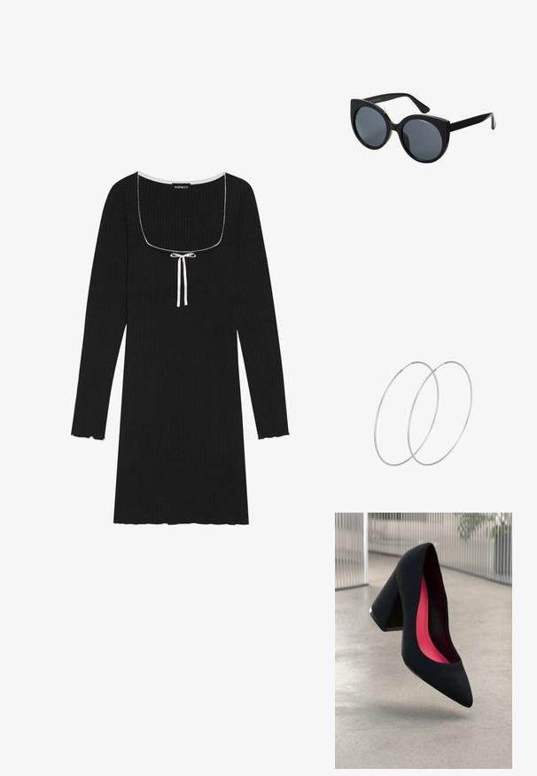 Vestido negro de manga larga con costuras acanaladas, que presenta un escote cuadrado, detalle con cordón blanco y puños ondulados en las mangas y el dobladillo.; Zapato de tacón alto negro con puntera afilada, superficie texturizada y un interior de un rosa vibrante. Presenta un tacón grueso con un acento plateado.; Gafas de sol negras de gran tamaño con forma de ojo de gato, lentes oscuros y montura de plástico brillante. Presenta patillas gruesas para mayor soporte.; Pendientes de aro plateados con un diseño minimalista. Forma circular, textura suave y perfil delgado. Livianos con un acabado pulido.