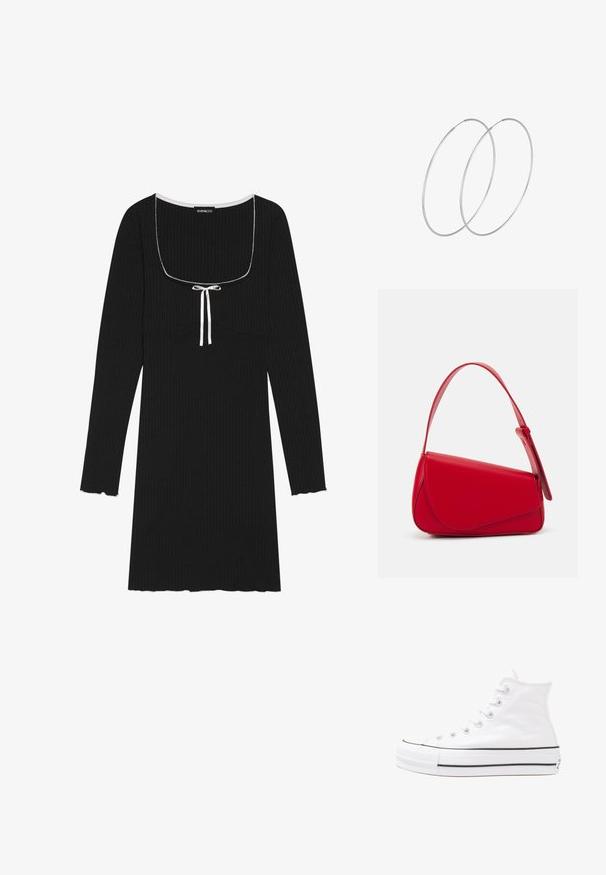 Juoda raštuota ilgos rankovės suknelė su kvadratiniu iškirpimu, baltais raišteliais ir bangomis apdirbtais rankovių bei apatinio krašto kraštais.; Balti aukštakulniai drobės sportbačiai su juodu guminio pado, priekinio guminio piršto dangteliu ir šešiais akytėmis raištams, pasižymintys švariu, minimalistiniu dizainu.; Raudona odinė rankinė su kampuota, geometrine forma. Pasižymi viena reguliuojama dirželiu ir dangteliu su siuvinėtais dekoracijomis.; Sidabrinės pusmėnulio auskarai minimalistiniu dizainu. Apskritimo forma, lygus paviršius ir plonas profilis. Lengvi su poliruotu apdailu.