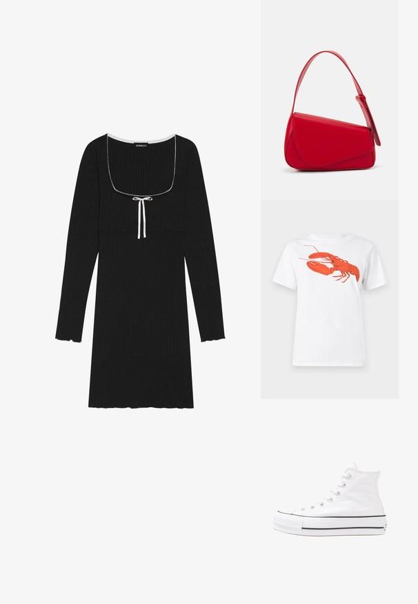 Vestido negro de manga larga con costuras acanaladas, que presenta un escote cuadrado, detalle con cordón blanco y puños ondulados en las mangas y el dobladillo.; Camiseta de algodón blanca con un gran gráfico de langosta roja brillante en la parte frontal. Diseño de mangas cortas y cuello redondo estándar.; Zapatilla de lona alta blanca con suela de goma negra, puntera de goma frontal y seis ojetes para los cordones, que presenta un diseño limpio y minimalista.; Bolso de cuero rojo con un diseño angular y geométrico. Cuenta con una única correa ajustable y un cierre de solapa con detalles de costura.
