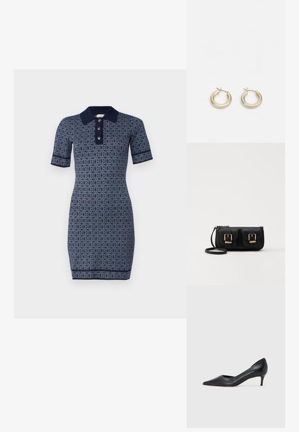 Dunkelblaues Polo-Kleid mit kurzen Ärmeln, das eine gemusterte Textur, eine Drei-Knopfleiste sowie kontrastierende Akzente am Kragen und an den Ärmeln aufweist.; Schwarzer Pumps aus Leder mit spitzer Zehenpartie und niedrigem Absatz. Verfügt über eine glatte Textur und dezenten Glanz. Vordere Öffnung für ein zusätzliches Detail.; Schwarze Leder-Umhängetasche mit zwei vorderen Taschen, goldenen Schnallen, Reißverschluss und einem schmalen Tragegurt. Texturierte Oberfläche und kompakte rechteckige Form.; Lauren Ralph Lauren BASIC SMALL HOOP - Ohrringe - gold-coloured