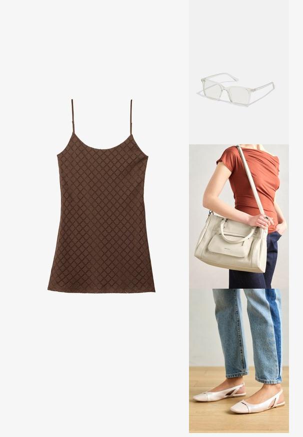 Braune Spitzen-Camisole mit dünnen Trägern, die ein strukturiertes Diamantmuster im gesamten Stoff aufweist und einen geraden Saum hat.; Blassrosa Slingback-Ballerinas mit spitzem Punkt, aus einem glatten, lederähnlichen Material. Mit Ausschnitten an den Seiten und einem flachen Absatz.; Klare, quadratische Kunststoffbrillen mit durchsichtigen Gläsern, die goldene Akzente an den Bügeln für zusätzliche Details aufweisen.; Weiße Lederhandtasche mit zwei Griffen und einem abnehmbaren Schulterriemen, ausgestattet mit einer vorderen Reißverschlusstasche und glatter Textur. Wird am Arm einer Person getragen.