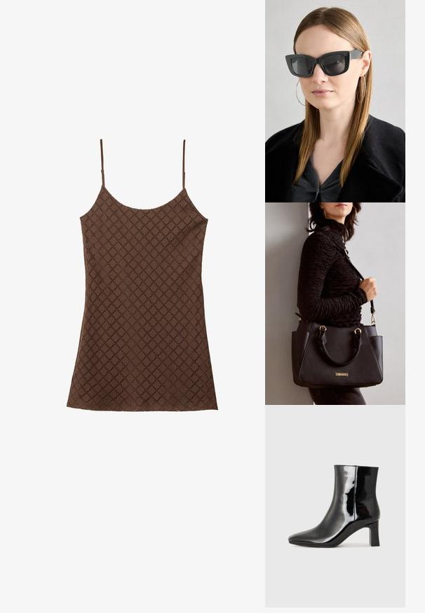 Camisola marrone con un motivo in pizzo, dotata di spalline sottili, caratterizzata da un design a diamante testurizzato su tutta la stoffa e un orlo dritto.; Stivaletto in pelle verniciata nera con punta a punta e tacco a blocco di altezza media. Texture liscia e design minimalista.; Occhiali da sole a forma di occhio di gatto neri con lenti scure, montatura spessa e dettagli sottili. Indossati con un cappotto nero e una maglia grigia, con capelli lunghi e lisci.; Borsa nera con superficie texturizzata, manici superiori doppi e tracolla regolabile. Dotata di hardware color oro e tasche laterali.