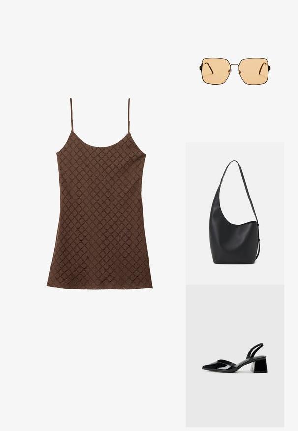 Brun blonde hængekøje med tynde skulderstropper, der har et struktureret diamantmønster i hele stoffet og en lige kant.; Sorte patentlæder slingback hæle med spids tå og en geometrisk blok hæl. Har et elegant, minimalistisk design og en glat tekstur.; Firkantede solbriller med brune linser og en tynd sort metalramme. Har skrå templer og justerbare næsepuder for komfort.; Sort læder hobo taske med en glat overflade, buet form og en enkelt justerbar rem; har en bred åbning øverst.