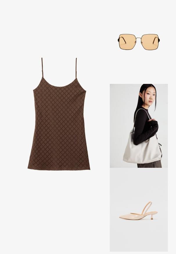 Brun blonde hængekøje med tynde skulderstropper, der har et struktureret diamantmønster i hele stoffet og en lige kant.; Beige patenteret læder slingback høje med spids tå og en slank, firkantet hæl. Glat tekstur og minimalistisk design uden udsmykninger.; Firkantede solbriller med brune linser og en tynd sort metalramme. Har skrå templer og justerbare næsepuder for komfort.; Beige håndtaske lavet af blødt materiale med et slouchy design, stikninger og to skulderremme. Velegnet til daglig brug.