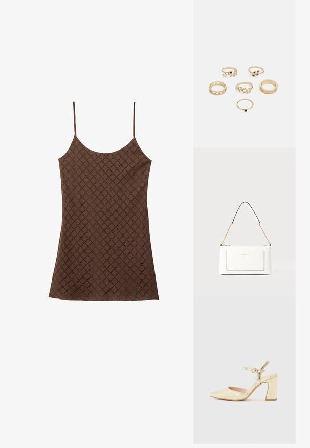 Camisole en dentelle marron avec de fines bretelles, présentant un motif en diamant texturé sur tout le tissu et un ourlet droit.; Chaussure à talon métallique doré avec un bout pointu, une lanière de cheville dotée d'une boucle circulaire et un design de talon épais. Texture lisse.; Sac à main en cuir blanc avec un fini texturé, doté d'une bandoulière en chaîne dorée et d'accents noirs. Comprend une poche avant et une fermeture éclair.; Ensemble de six anneaux en or présentant divers designs : tressés, motifs de feuilles et bandes unies ; certains avec des accents de pierres précieuses vertes.