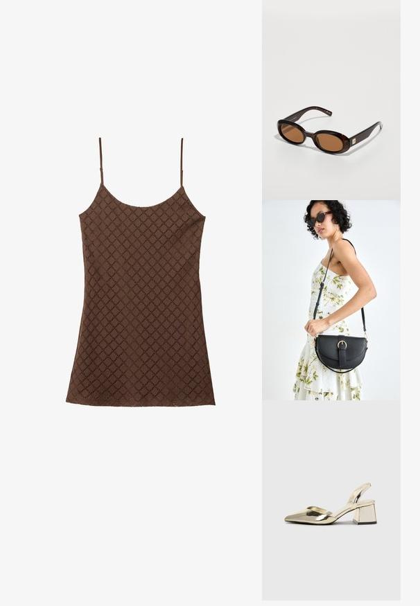 Braune Spitzen-Camisole mit dünnen Trägern, die ein strukturiertes Diamantmuster im gesamten Stoff aufweist und einen geraden Saum hat.; Goldene, metallische Slingback-Absätze mit spitzem Zeh und dicker Ferse. Glatte Textur, minimalistisches Design und ein schmaler Riemen.; Braune Schildpatt-Sonnenbrille mit ovalen Gläsern, ausgestattet mit einem dünnen Rahmen und einem kleinen metallischen Akzent an der Seite. Texturierte und polierte Oberfläche.; Schwarze Lederhandtasche mit geschwungener Form, abnehmbarem Tragegurt und goldenen Beschlägen. Die Tasche verfügt über einen Deckel mit einer Schnallen-Details.; Ohrringe aus goldfarbenem Metall mit einem schlanken, geschwungenen Design. Sie verfügen über eine markante, spitze Form, eine polierte Oberfläche und einen Scharnierverschluss.