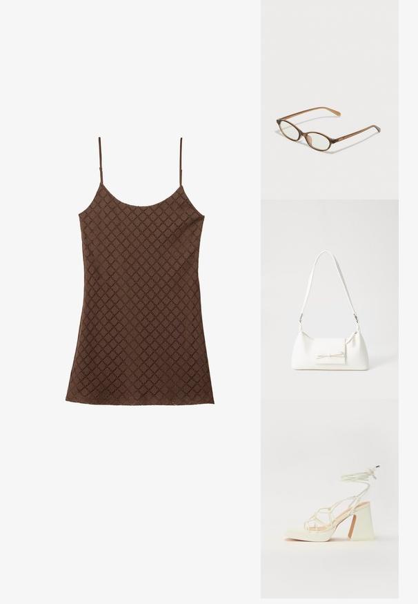 Bralette dengan pola renda cokelat dengan tali bahu tipis, menampilkan desain berlian yang tekstur di seluruh kain dan ujung yang lurus.; Valkoinen korkokenkä, jossa on paksu korko, ja joka sisältää nauhakiinnityksen ja nilkkaketjun. Sujuva pinta, jossa on platform-etupohja lisäkorkeutta varten.; Ruskeat kilpikonnaruutulasiset silmälasit, joissa ovaalit linssit, ohuet varret ja läpinäkyvät yksityiskohdat. Temppeleissä on huomaamaton logo. Suunnittelultaan suora ja kevyt.; Valkoinen synteettinen käsilaukku, jossa on kolmikulmainen muoto, tasainen etu läppä ja nauhadetail, säädettävä olkahihna, sileä rakenne ja minimalinen muotoilu.