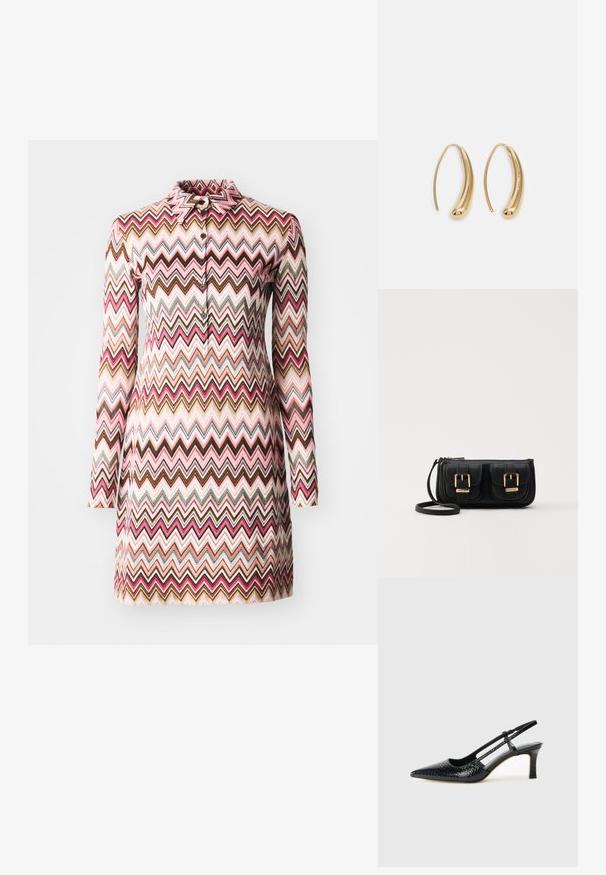 Rochie cu guler, având un model multicolor în zigzag în nuanțe de roz, maroniu și crem, cu mâneci lungi și închidere cu butoane.; Pantofi cu toc slingback negri din patent, cu vârf ascuțit, cu imprimeu de șarpe texturat, curea ajustabilă și toc scurt texturat.; Geantă neagră din piele, tip crossbody, cu două buzunare frontale, catarame aurii, închidere cu fermoar și o curea subțire. Suprafață texturată și formă rectangulară compactă.; Cercei din metal auriu, cu un design curbat și alungit. Au o suprafață netedă și strălucitoare, cu un vârf rotunjit pentru un detaliu suplimentar.