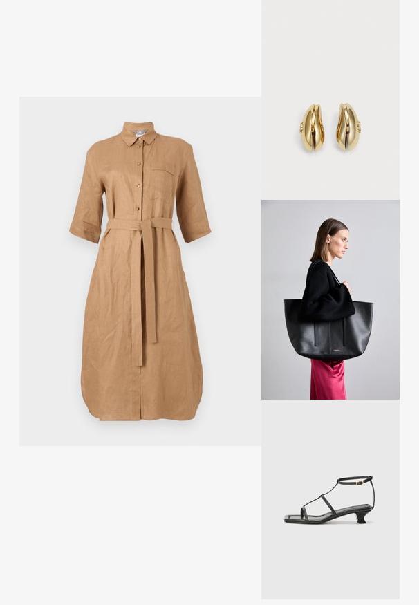 Kreemikas linasärgid, lühikeste varrukkatega, nööbiga ees, krae ja seotud vöö. Esiküljel on rinnatasku tikandiga detailiga.; Must värviline nahk sandaal ruudukujulise varbaga, õhukeste rihmadega, kohandatava pahkluu rihmaga ja madala kandaga. Rihmal on väike kuldne aktsent.; Mustast nahast kott tekstureeritud viimistlusega, millel on kaks vertikaalset rida, kahekordsed õlarihmad ja minimalistlik disain.; Kuldtooni kõrvarõngad voolava ja kõvera disainiga. Igal kõrvarõngal on sile pind ja väike klamber dekoratiivse detailiga.