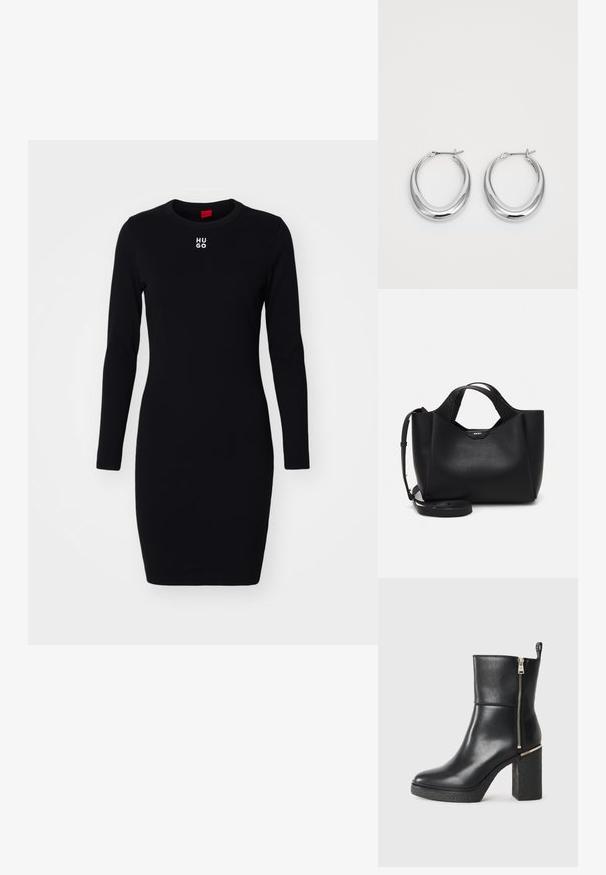 Černé dlouhé šaty s dlouhým rukávem vyrobené z měkké a elastické tkaniny. Mají kulatý výstřih a bílou logotyp „HUGO“ na hrudi. Těsně padnoucí střih.; Černé kotníkové boty vyrobené z hladké kůže, s bočním zipem a texturovaným blokovým podpatkem. Design na klips s kulatou špičkou.; Černá kožená taška s texturovaným povrchem, úhlovým tvarem, dvojitými uchy a nastavitelným popruhem na rameno. Obsahuje akcent s logem DKNY.; Pár leštěných stříbrných půlměsíčních náušnic s kloubovými sponami na bílém pozadí.