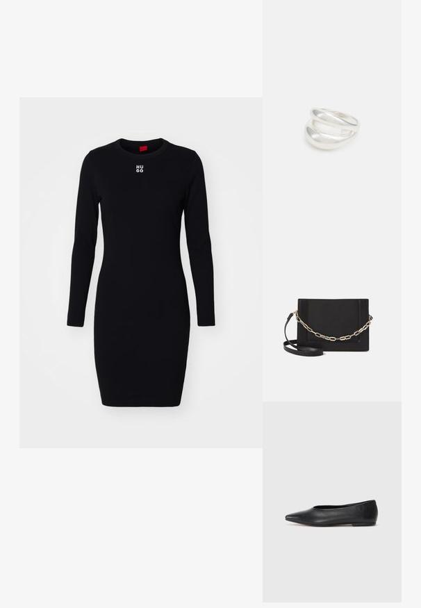 Juoda ilgomis rankovėmis suknelė, pagaminta iš minkštos, elastinės medžiagos. Yra apvalus iškirpimas ir baltas "HUGO" logotipas ant krūtinės. Prigludęs dizainas.; Juodas odinis baleto batas, su smailiu pirštu, minimalistinio dizaino, lygiu paviršiumi, žemo profilio kulnu, be matomos aparatūros ar papuošimų.; Juodas odinis per petį nešiojamas krepšys turi lygų paviršių, stačiakampio formą ir metalinę grandinėlę priekyje. Pridedama reguliuojama dirželis.; Sidabrinis dvigubas žiedas su lygiu, poliruotu paviršiumi. Pasižymi sklandžiu, kreiptu dizainu su persipinančiomis dalimis, suteikiančiomis modernų išvaizdą.