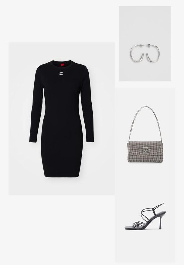 Vestido preto de manga longa feito de um tecido suave e elástico. Possui um decote redondo e o logótipo "HUGO" em branco no peito. Design ajustado ao corpo.; As sandálias de salto alto pretas apresentam tiras finas com um design em nó, uma biqueira quadrada lisa e um elegante salto agulha.; Bolsa metálica cinza claro com uma alça de corrente, adornada com pequenos rebites metálicos circulares e um logótipo triangular da marca.; Brincos de argola prateados com um acabamento suave e brilhante. Forma arredondada, design leve, com fecho de pino.