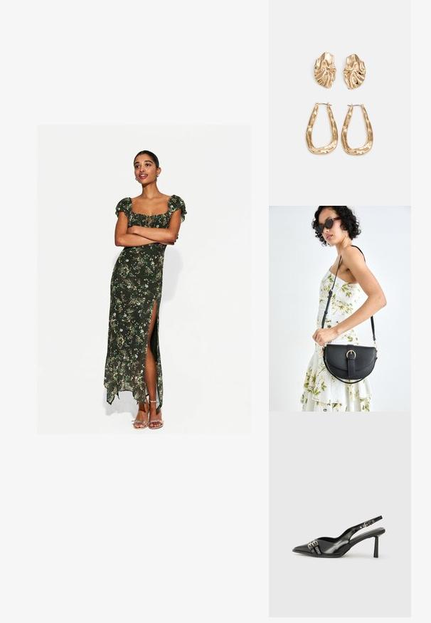 Kwiatowa sukienka maxi w ciemnozielonym kolorze, z krótkimi bufkami, dekoltem z przodu oraz falbaniastym dołem. Wykonana z lekkiej tkaniny o delikatnym wzorze.; Czarne lakierowane buty typu slingback z ostrym noskiem, paskami na kostkach z srebrnymi klamrami i elementami metalowymi oraz smukłym obcasem.; Czarna skórzana torebka o zakrzywionym kształcie, z odpinanym paskiem i złotymi akcentami. Torebka posiada klapę z zapięciem w kształcie klamry.; Złote kolczyki w odcieniu, prezentujące teksturowane, faliste kształty. Zawierają rzeźbiarskie klipsy i otwarty projekt kółek z młotkowanym wykończeniem.