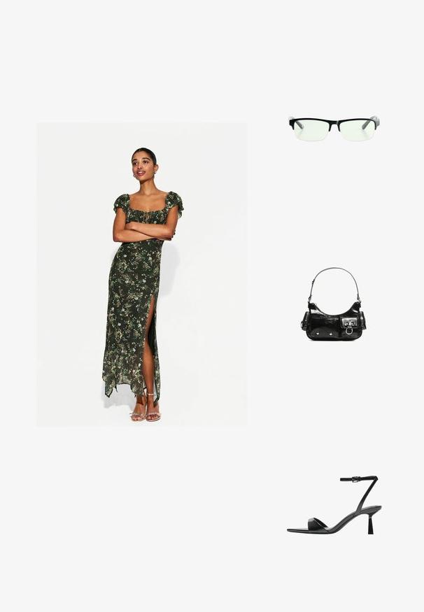 Kvetinové maxi šaty v tmavozelenej farbe, s krátkymi naberanými rukávmi, predným rozparkom a volánovým lemom. Ľahký materiál s jemným vzorom.; Bershka Sandále na vysokom opätku - black; Čierne obdĺžnikové okuliare s priehľadnými sklami, majú elegantné čierne rámy a šedé priehľadné konce straníc. Minimalistický dizajn, bez viditeľného loga.; Čierna laková kožená kabelka s ohnutým tvarom, jedným ramenným popruhom, prednými vreckami a striebornými kovovými doplnkami.
