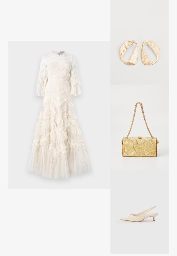 Valge kleit, millel on rippuvate kihtide detailid, tekstuuriga kangas, millel on punktid, pikad läbipaistvad varrukad ja kõrge kaelus.; Kitsas varbaga ja avatud kannaosa valged nahast slingback kingad, kaunistatud väikese sõlme detailiga ja madala kitten kontsaga. Sile tekstuur, minimalistlik kujundus.; Kuldne korter struktuuriga käekott, millel on ristkülikuline kuju, kettling ja ülaosas klambriga sulgur. Sile, läikiv viimistlus.; Eba paar eba ebaorditud ovaalkujulisi kuldehhe kaal setertu, kerge keersuju pinnaga valgel taustal.