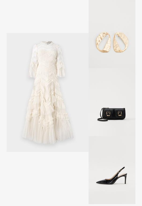 White dress featuring ruffled layers, textured fabric with polka dots, long sheer sleeves, and a high neckline.; Black patent leather slingback pump with pointed toe, slim heel, and a subtle cutout design. Features a gold buckle on the strap.; Black leather crossbody bag with two front pockets, gold buckles, zipper closure, and a slim strap. Textured surface and compact rectangular shape.; Pair of irregular oval-shaped gold-toned metal earrings with a textured, slightly hammered surface on a white background.