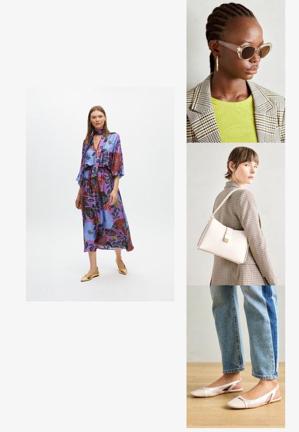 Cvjetna maksi haljina u ljubičastoj boji, s velikim plavim i crvenim uzorcima cvijeća, kratkim rukavima, vezanjem oko vrata i elastičnom strukom. Zlate balerinke.; Svijetlo ružičaste slingback balerinke s šiljastim vrhom, izrađene od glatkog materijala nalik koži. Sadrže izrezane detalje sa strane i ravnu petu.; Prozirne mačkaste sunčane naočale s smešnim lećama i transparentnim okvirom. Manekenka nosi zeleni rebrasti top i karirani blejzer. Zlate kružne naušnice.; Bijela kožna torba s čvrstim dizajnom, s magnetskim kopčanjem i remenom za rame, prikazana na neutralnoj pozadini.