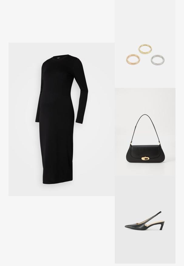 Juoda ilgaaulė suknelė, pagaminta iš elastingos medžiagos, su apvaliu apykaklės iškirpimu ir tiesiu kirpimu, siekiančiu iki vidurio blauzdos.; Juodas smailus slingback batelis su žemu kulnu, pagamintas iš lygaus odos paviršiaus ir su išpjovomis šone, užtikrinančiomis oro pralaidumą.; Juodas odinis rankinės su išlenktu dizainu, auksinių atspalvių furnitūra ir viršutine rankena. Savybės - stilingas uždarymas ir glotni tekstūra.; Trys metalinės žiedai: vienas rožinės aukso, vienas auksinis su tekstūruotais akcentais ir vienas sidabrinis, visi su įmintu ženklinimu vidinėje juostoje.