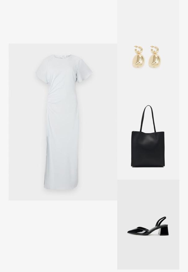 Hele sinine, põlvini ulatuv kleit ümmarguse kaeluse, lühikeste pilvetaoliste varrukate, külgsete volangide ja õrna lõhiku hempsus, valmistatud siledast kangast.; Mustad musta lakknahk kingad, millel on terav varvas ja geomeetriline plokkkonts. Omab elegantselt minimalistlikku disaini ja sujuvat tekstuuri.; Mustast nahast kott sujuva tekstuuriga, ristkülikukujuline ja kahe pika sangaga. Pole nähtavat riistvara ega kaunistusi.; Kuldne rõngas kõrvarõngas, millel on siledad, ümarad pendantid peegeldava viimistlusega, ripuvad tekstureeritud rõnga kinnituse küljes.