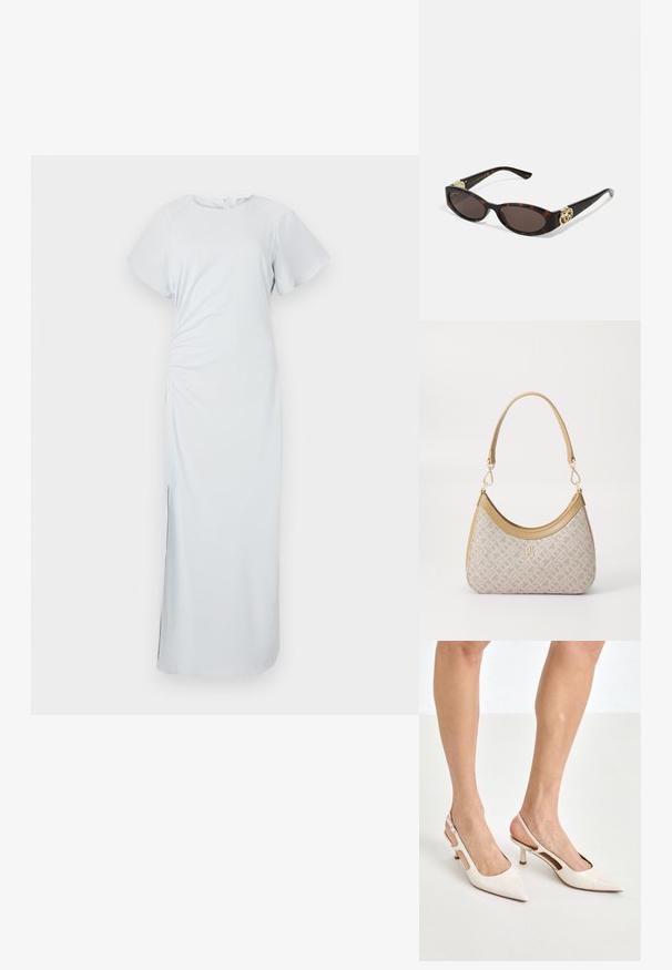 Hellblaues, knielanges Kleid mit Rundhalsausschnitt, kurzen, sanften Ärmeln, seitlicher Raffung und einem dezenten Schlitz am Saum, aus glattem Stoff gefertigt.; Beige Lackleder Slingback-Absätze mit spitzem Fuß und 5 cm Absatz, mit ausgeschnittenen Seiten und einem schmalen Knöchelriemen.; Schildpatt-Sonnenbrille mit länglich-ovalen Gläsern, braunem Farbton, goldenen Logo-Akzenten an den Bügeln und schlanken schwarzen Bügeln.; Beige gemusterte Handtasche mit geschwungener Form, Lederakzenten und einem goldfarbenen Logo auf der Vorderseite. Verfügt über einen kurzen Griff für einfaches Tragen.