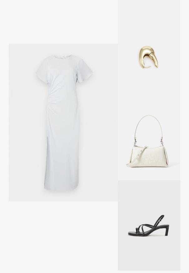 Lyseblå, kne-lengde kjole med rund halsutskjæring, korte fløyelsærmer, siderykking og en subtil split i kanten, laget av glatt stoff.; Sorte sandaler med stropper, firkantet tå og lav blokk hæl. Har flere tynne stropper og en justerbar ankelstropp. Laget av glatt lær.; Hvit håndveske med glatt tekstur, buet silhuett og justerbar skulderrem. Har et subtilt logomønster og sølvfargede detaljer.; Gullfarget metalløredobber med et elegant, buet design. Har en karakteristisk spiss form, polert overflate og hengsel-lukking.