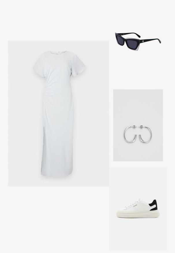 Svijetloplava haljina do koljena s okruglim izrezom, kratkim lepršavim rukavima, bočnim nabiranjem i suptilnim prorezom na rubu, izrađena od glatkog materijala.; Bijele kožne tenisice s debelim bijelim potplatom, crnim zamšastim akcentom na peti i ugraviranim logom sa strane. Dizajn s vezicama i šest rupa za vezivanje.; Crne oversize sunčane naočale geometrijskog oblika, s tamnim staklima i kontrastnom sivom dekoracijom na okviru. Logo na dršci.; Srebrne naušnice u obliku obruča sa glatkom, sjajnom površinom, zakrivljenog oblika i zatvaranjem na čep. Minimalistički dizajn s modernim završetkom.