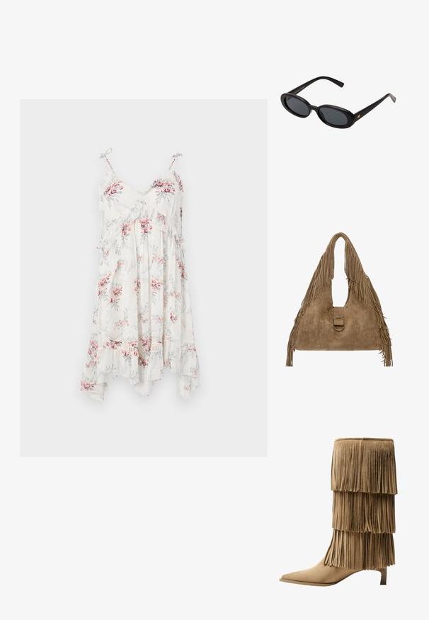 The Kooples ROBE - Dnevna obleka - off-white; Čizme s frinžom do gležnja iz svetlosmeđeg nubuka s tremi slojevitimi frinžami. Špičast sprednji del in nizek blok peto. Gladka tekstura po vsej površini.; Črne oversize sončne očala z ovalnimi lečami, gladkim plastičnim okvirjem in zlatenimi detajli na templjih. Temne leče zagotavljajo zaščito pred soncem.; Suede torbica v bež barvi z naramnico, robovi z resicami, okrogle zaponke, okrasni šivi in srebrni žeblji.