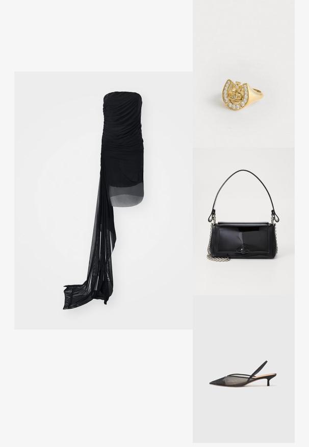 Musta olkaimeton mekko, jossa on poimutettua kangasta, läpinäkyvä päällikerros ja pitkänomainen, virtaava paneeli yhdellä sivulla. Tasainen rakenne kauttaaltaan.; NEOUS IRENA - Avokkaat - black; Musta lakattu nahkalaukku suorakaiteen muotoisena, ketjuhihnalla ja erottuvalla varustusesineellä keskellä. Siveltimellinen pinta.; Kultainen sormus, jossa on kruunusuunnittelu hevosenkenkämuodossa, koristeltuna pienillä kirkkailla jalokivillä, valkoisella taustalla.