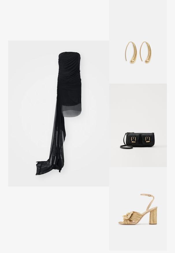 Melnā bezpiedurkņu kleita ar ručēta auduma detaļām, ar caurspīdīgu uzklājumu un iespaidīgu, plūstošu paneli vienā pusē. Vienmērīga struktūra visā audumā.; Zelta papēža sandales ar mezglotu priekšpusi, plīšu tekstūru un potītes siksniņu. Bloku papēdis ir ar ribotu dizainu, kas uzlabo saķeri.; Melnas ādas crossbody soma ar divām priekšējām kabatām, zelta sprādzēm, ar rāvējslēdzēju aizdari un šauru siksnu. Strukturēta virsma un kompakta taisnstūra forma.; Zelta toņu metāla gredzena auskari ar izliektu, pagarinātu formu. Ar gludu, spīdīgu virsma un noapaļotu galu papildu detaļām.