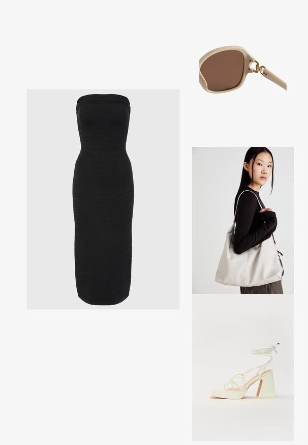 Rochie midi neagră, fără bretele, cu o siluetă ajustată, fabricată dintr-un material texturat cu dungi orizontale și o linie de hem dreaptă.; Sandale albe cu toc înalt și gros, cu un design cu curele și legătură la gleznă. Textură netedă, cu o platformă frontală pentru înălțime suplimentară.; Ochelari de soare bej deschis cu lentile maro, cadru rotund-pătrățos, accente aurii la balama și brațe texturate ușor.; Geantă bej din material moale, cu un design lejer, detalii cusute și două bretele pentru umăr. Potrivită pentru utilizarea zilnică.