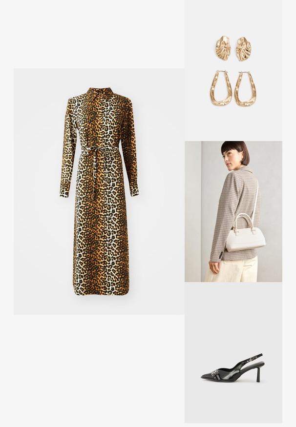 Leopardmønstret kjole med lange ærmer, krave og bånd i taljen. Fremstillet af et glat stof i nuancer af brun, sort og creme.; Sorte patentlær slingback-sko med spiss tå, ankelremmer med sølvspenner og detaljer, og en slank hæl.; Hvit strukturert håndveske med korte håndtak og skulderreim, med detaljer i gullfinish og teksturert materiale, vist mot en grå bakgrunn.; Gullfargede øredobber med teksturerte, bølgete former. Inkluderer skulpturelle klipsstuds og åpen hoop-design med en hamret finish.