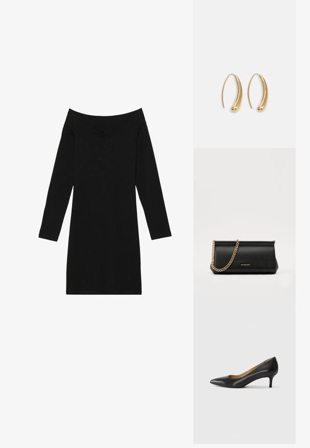 Sorte avkjøringskjole med lange ermer, med V-formet utringning. Laget av glatt stoff, har den en tettsittende silhuett.; Sorte lærpumpe med spiss tå, lav hæl og en glatt tekstur. Har en liten åpning foran og minimalt med beslag bak.; Svart skinnkuvertveske med en gullkjede-rem, med en glatt tekstur, rektangulær form og preget merkevare på forsiden.; Gullfargede metalløredobber med en buet, forlenget form. Har en jevn, blank overflate og en avrundet tupp for ekstra detaljer.