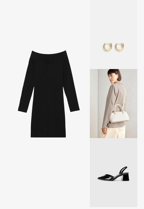 Czarna sukienka bez ramiączek z długimi rękawami, z dekoltem w kształcie litery V. Wykonana z gładkiego materiału, ma dopasowany krój.; Czarne lakierowane półbuty na obcasie z wydłużonym noskiem i geometrycznym słupkiem. Charakteryzują się eleganckim, minimalistycznym designem oraz gładką fakturą.; Biała torebka o strukturalnym kształcie z krótkimi uchwytami i paskiem na ramię, z złotymi akcentami i teksturowanym materiałem, prezentowana na szarym tle.; Złote kolczyki w formie obręczy o gładkim, wypolerowanym wykończeniu. Charakteryzują się półkolistym kształtem i bezpiecznym zapięciem na styk.