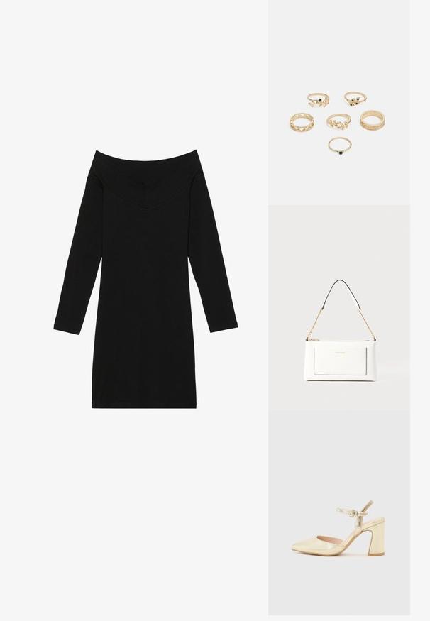 Schwarzes schulterfreies Kleid mit langen Ärmeln und V-Ausschnitt. Aus glattem Stoff gefertigt, hat es eine taillierte Silhouette.; Goldfarbene, metallic-überzogene, hochhackige Schuhe mit einer spitzen Zehenpartie, einem Knöchelriemen mit einem runden Verschluss und einem klobigen Absatzdesign. Glatte Textur.; Weißes Lederhandtasche mit strukturierter Oberfläche, ausgestattet mit einem goldenen Kettenriemen und schwarzen Akzenten. Enthält eine Fronttasche und einen Reißverschluss.; Set aus sechs goldenen Ringen mit verschiedenen Designs: geflochten, mit Blattmotiven und soliden Bändern; einige mit grünen Edelsteinen akzentuiert.